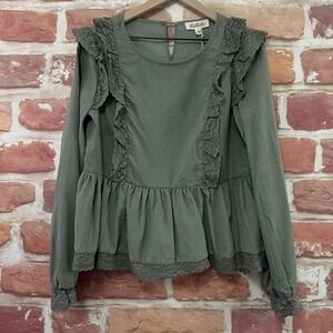 Listicle Top Womens Medium Green Boho Embroidered Crochet Worn Look Casual Shirt